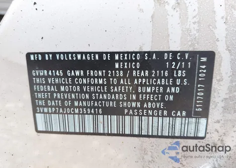 2012 Volkswagen Jetta Sedan Se Pzev from USA, damaged, VIN 3VWBP7AJ0CM359416